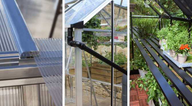 A collage of greenhouse features including polycarbonate glazing, greenhouse guttering and internal staging.