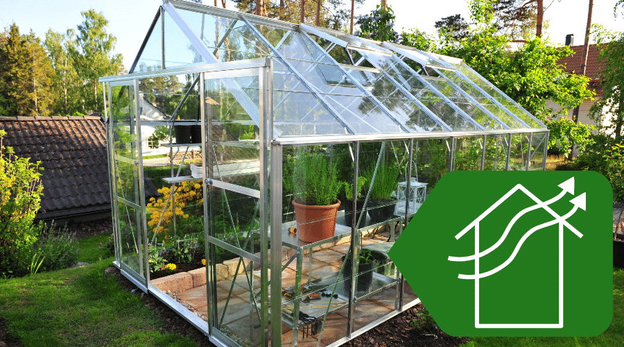 A greenhouse with an icon for ventilation.