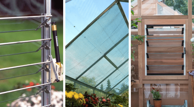 A collage of greenhouse ventilation accessories including a louvre window and shading.