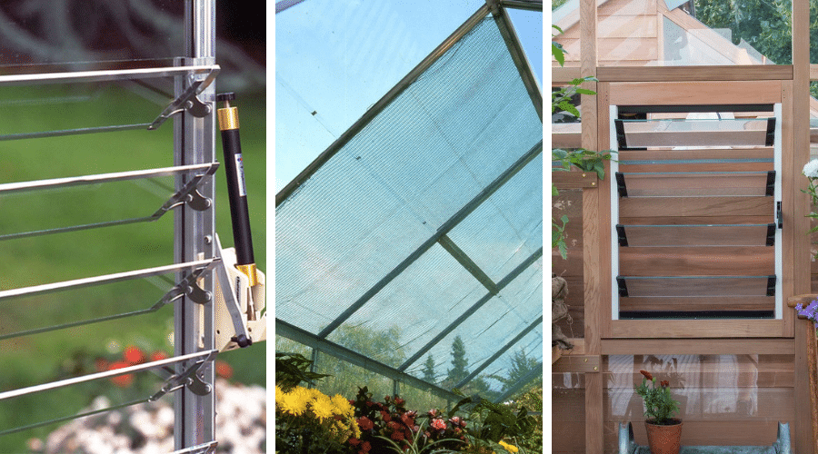 A collage of greenhouse ventilation accessories including a louvre window and shading.