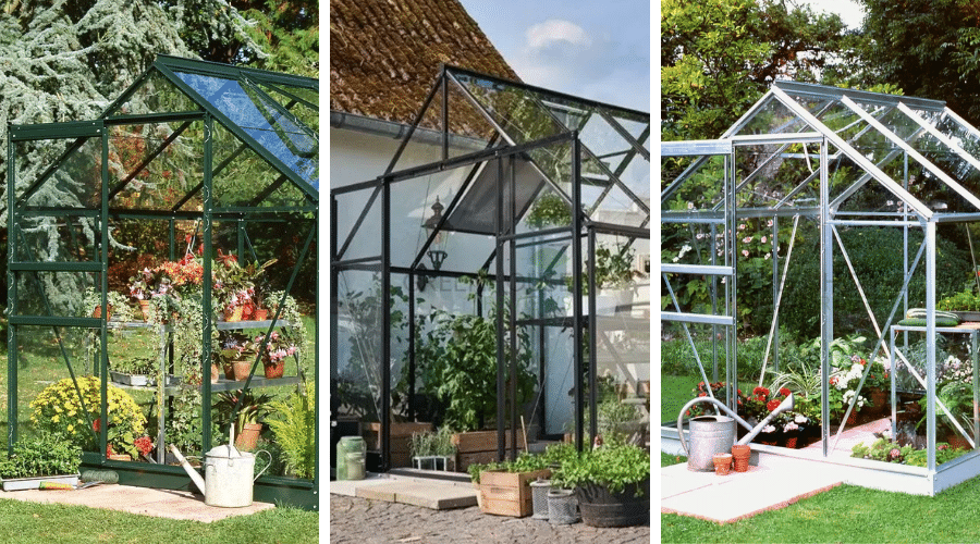 A collage of metal greenhouses in green, black and silver colour finishes.