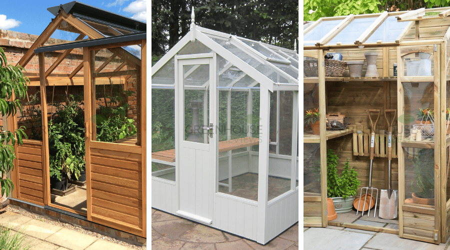 A collage of wooden greenhouses in different styles.