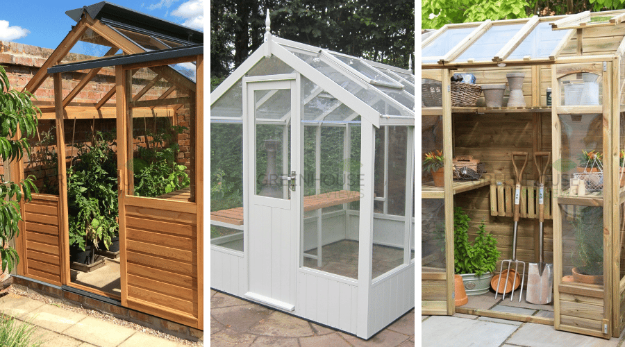 A collage of wooden greenhouses in different styles. A collage of wooden greenhouses in different styles.