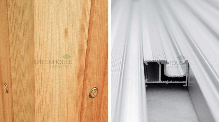 Close up views of wood used in a greenhouse frame and metal used in a greenhouse frame. Close up view of wood used in a greenhouse frame, next to aluminium metal that's commonly used in a greenhouse frame.