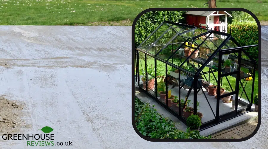 An example of a greenhouse installed onto a concrete base floor.