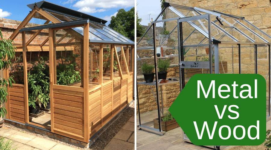 A collage of a wooden framed greenhouse and a metal framed greenhouse both situated within a garden setting.