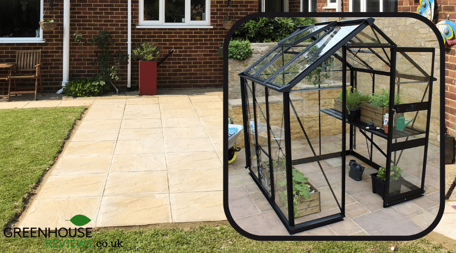 An example of a greenhouse installed onto a slabbed patio slab base floor.