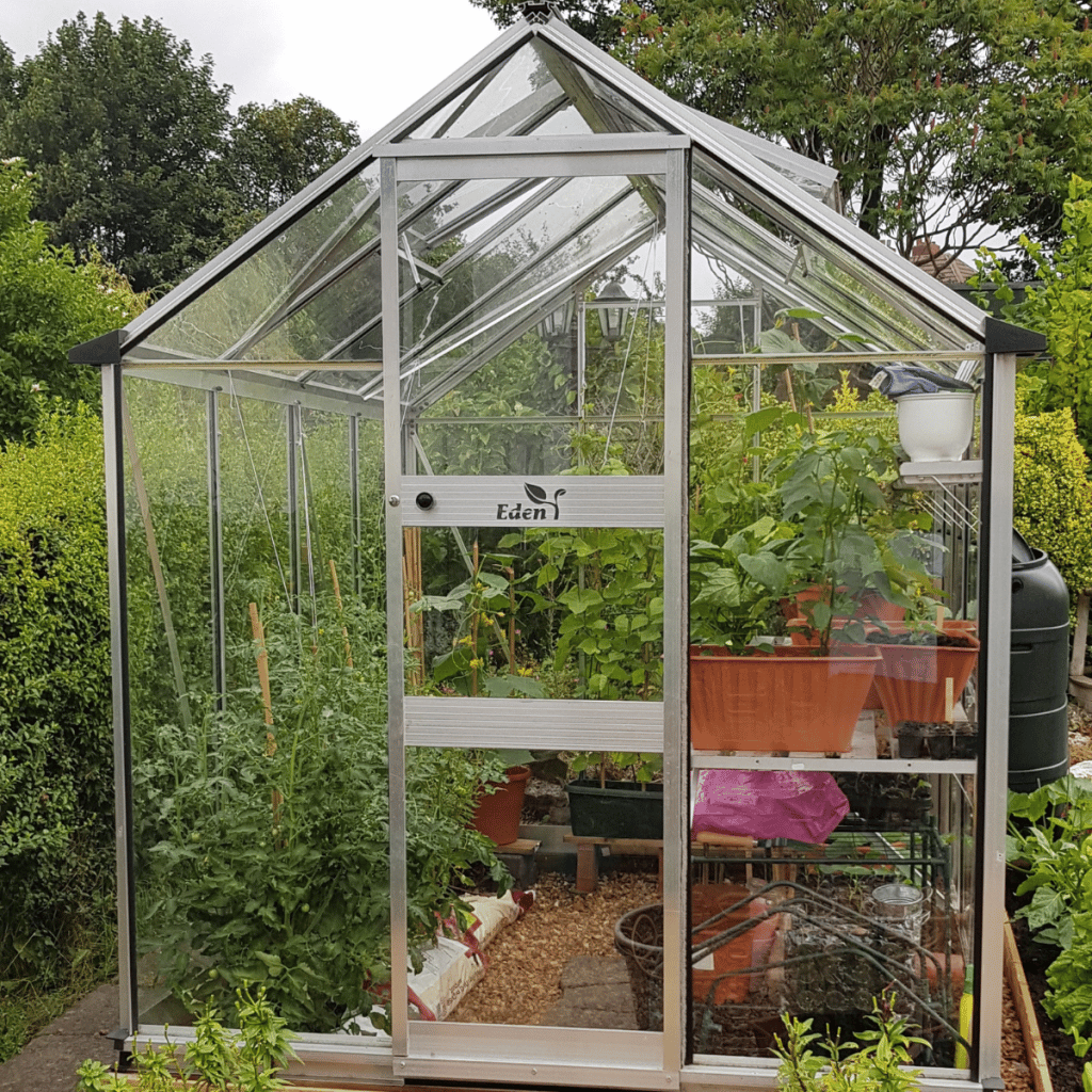 Toughened glass glazing on the halls cotswold burford greenhouse.